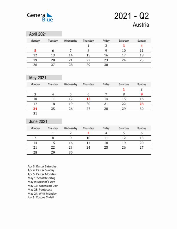 Austria Quarter 2 2021 Calendar with Holidays