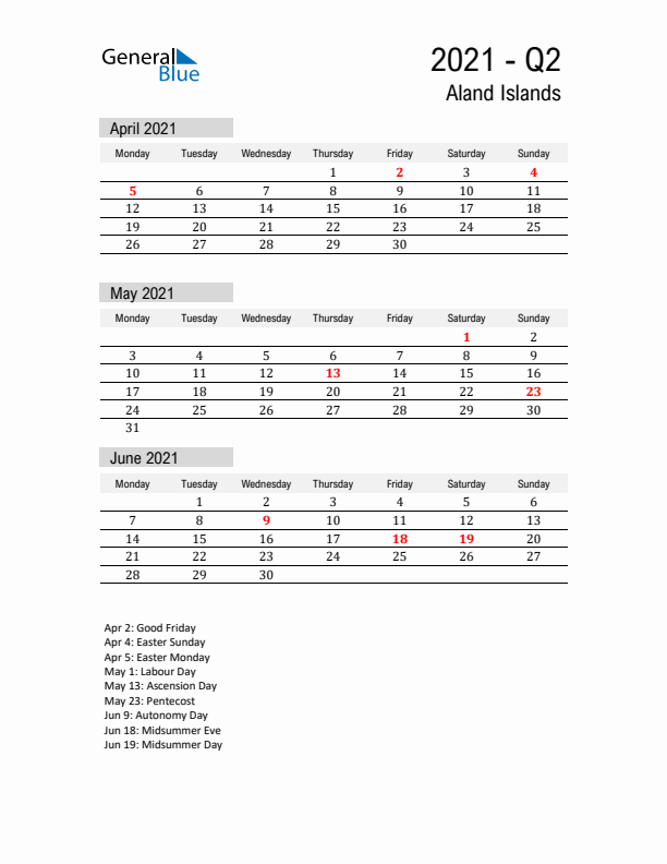 Aland Islands Quarter 2 2021 Calendar with Holidays