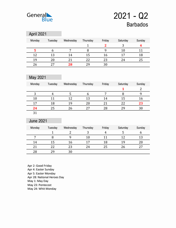 Barbados Quarter 2 2021 Calendar with Holidays