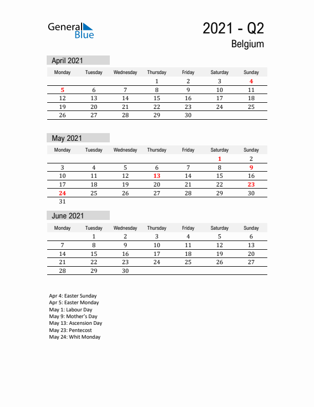 Belgium Quarter 2 2021 Calendar with Holidays