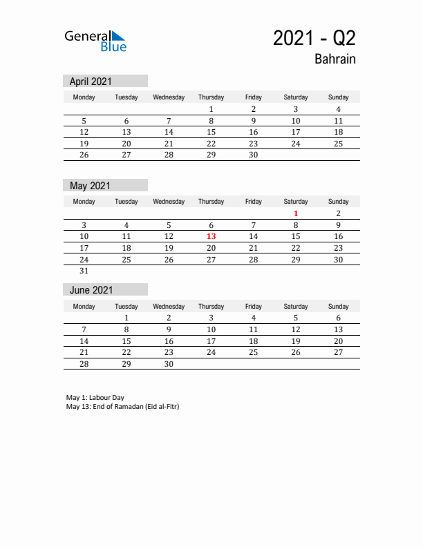 Bahrain Quarter 2 2021 Calendar with Holidays