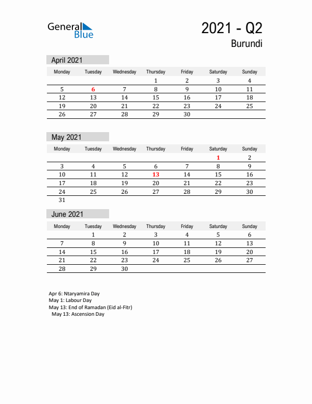 Burundi Quarter 2 2021 Calendar with Holidays