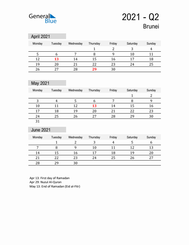 Brunei Quarter 2 2021 Calendar with Holidays