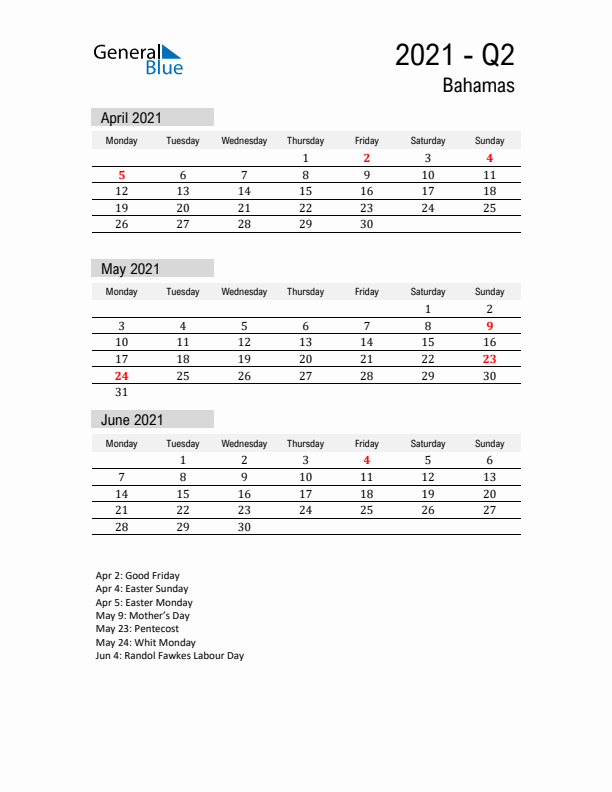 Bahamas Quarter 2 2021 Calendar with Holidays