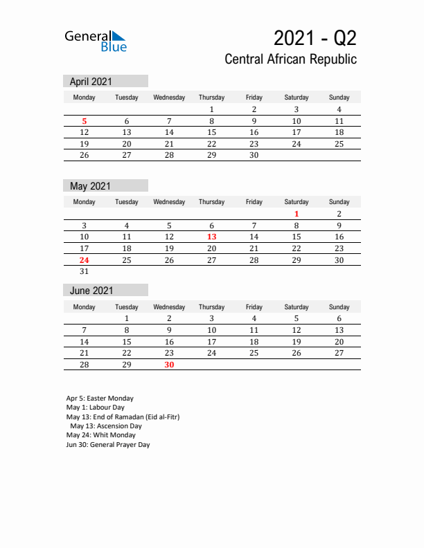 Central African Republic Quarter 2 2021 Calendar with Holidays