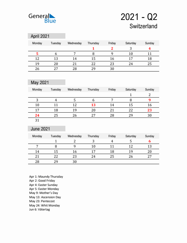 Switzerland Quarter 2 2021 Calendar with Holidays