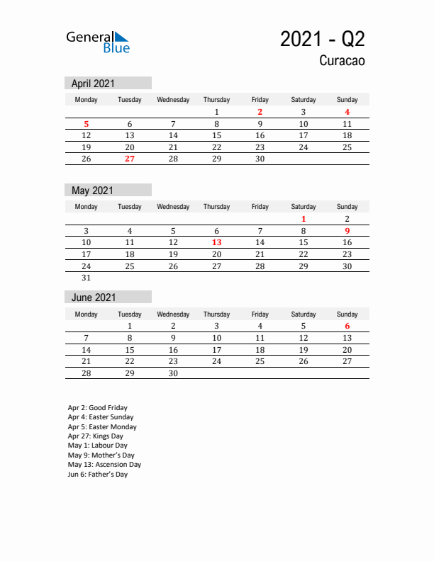 Curacao Quarter 2 2021 Calendar with Holidays