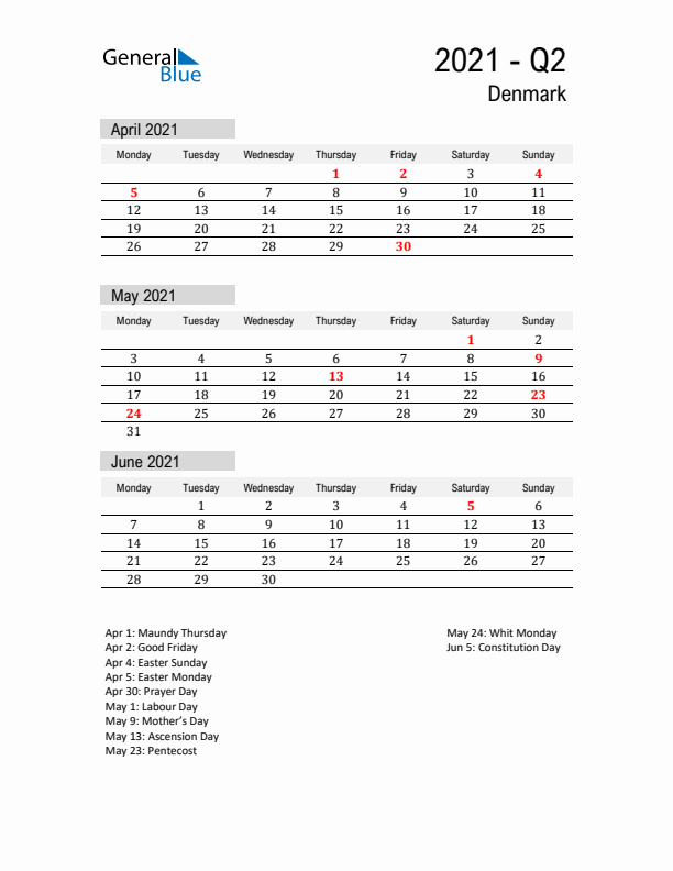 Denmark Quarter 2 2021 Calendar with Holidays