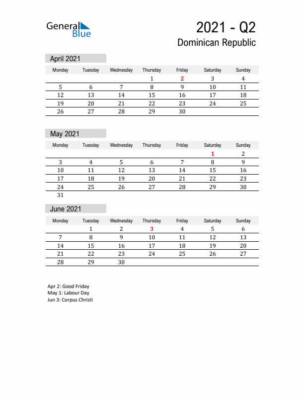 Dominican Republic Quarter 2 2021 Calendar with Holidays