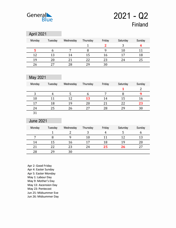 Finland Quarter 2 2021 Calendar with Holidays