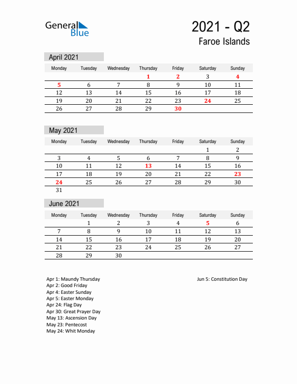 Faroe Islands Quarter 2 2021 Calendar with Holidays