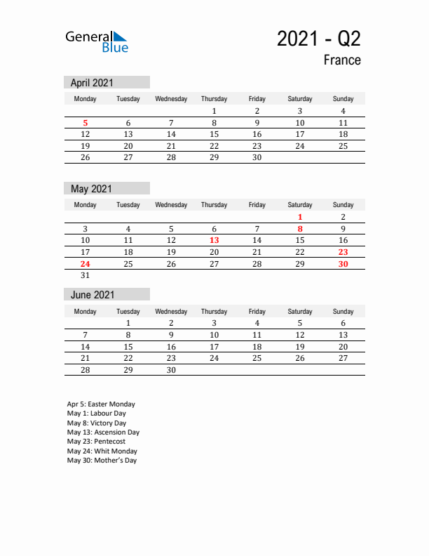 France Quarter 2 2021 Calendar with Holidays