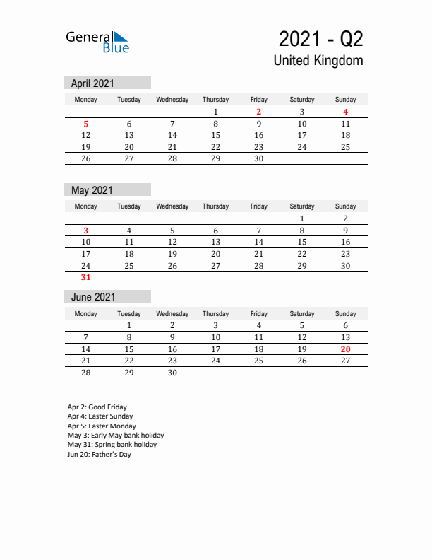 United Kingdom Quarter 2 2021 Calendar with Holidays