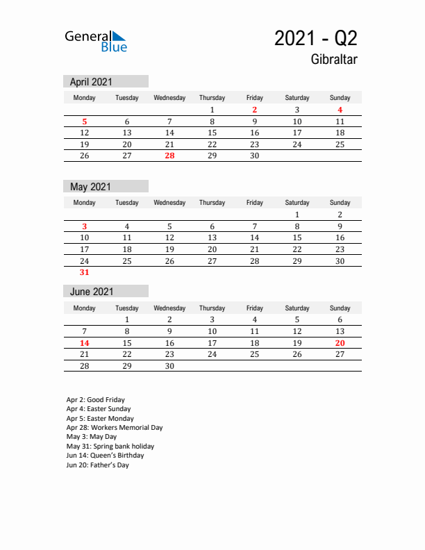 Gibraltar Quarter 2 2021 Calendar with Holidays