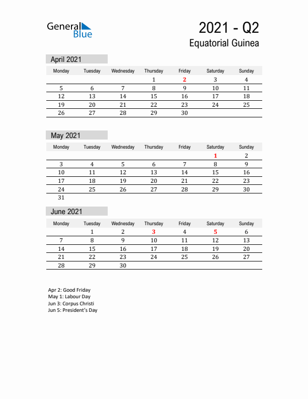 Equatorial Guinea Quarter 2 2021 Calendar with Holidays