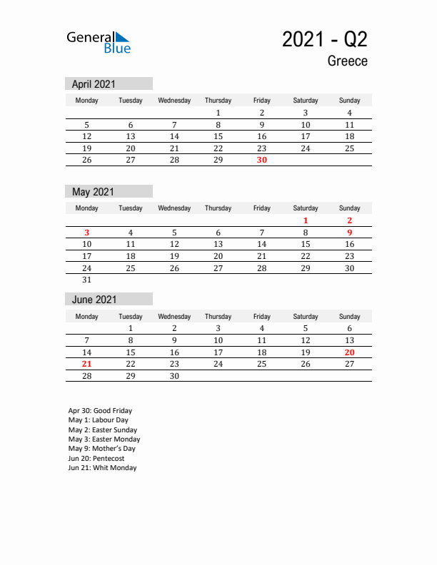 Greece Quarter 2 2021 Calendar with Holidays