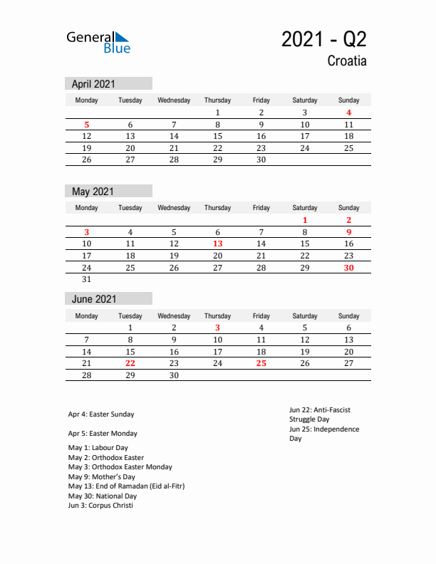 Croatia Quarter 2 2021 Calendar with Holidays