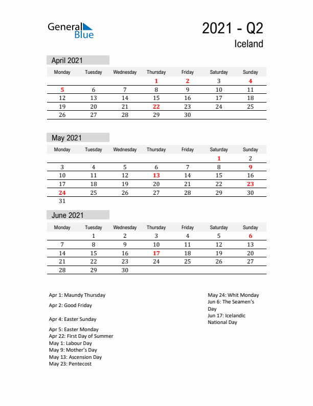 Iceland Quarter 2 2021 Calendar with Holidays