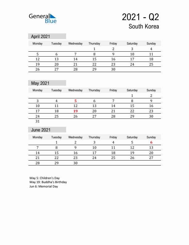 South Korea Quarter 2 2021 Calendar with Holidays