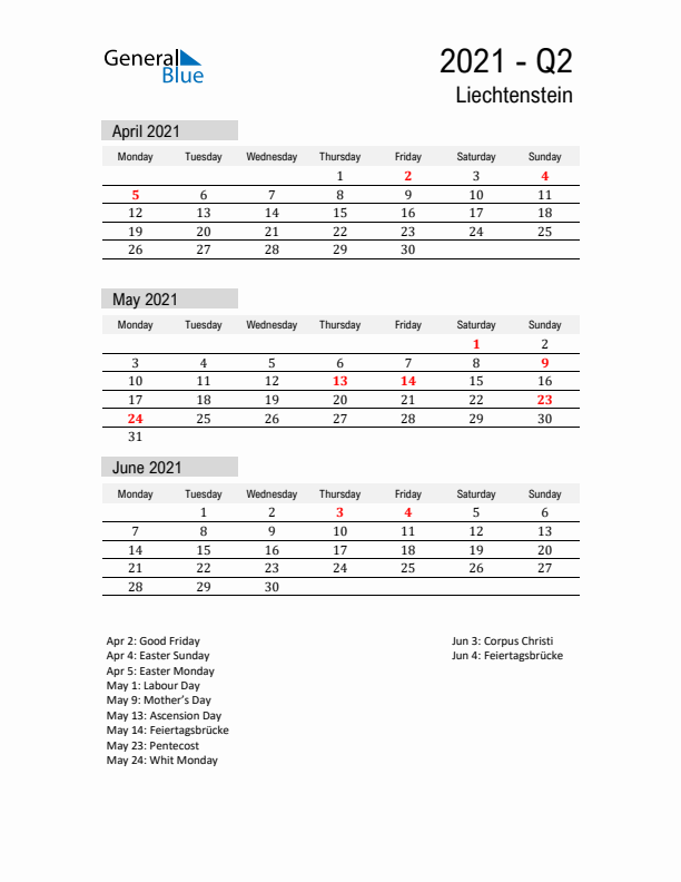 Liechtenstein Quarter 2 2021 Calendar with Holidays