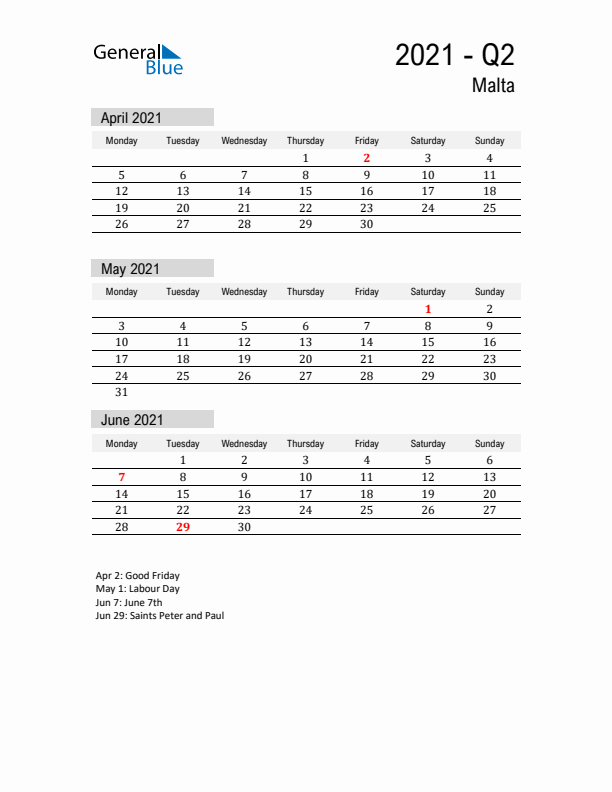 Malta Quarter 2 2021 Calendar with Holidays