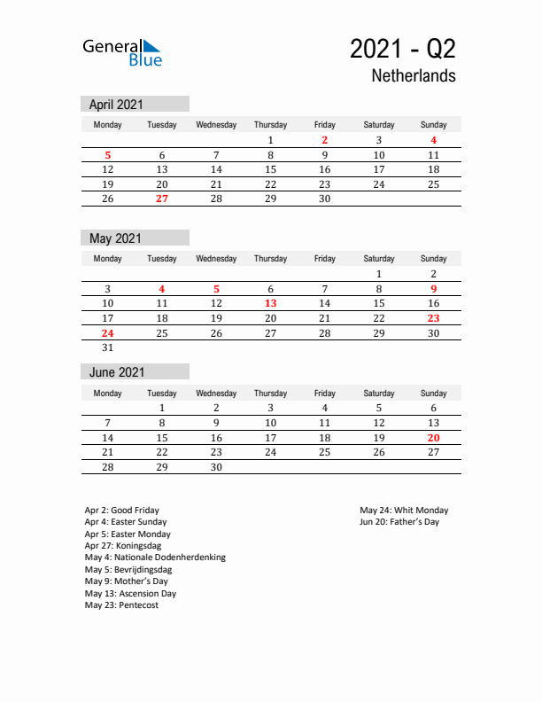 The Netherlands Quarter 2 2021 Calendar with Holidays