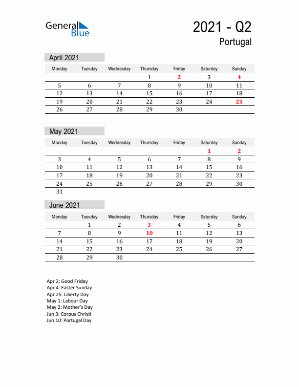 Portugal Quarter 2 2021 Calendar with Holidays