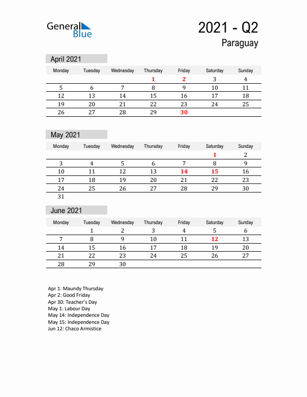 Paraguay Quarter 2 2021 Calendar with Holidays