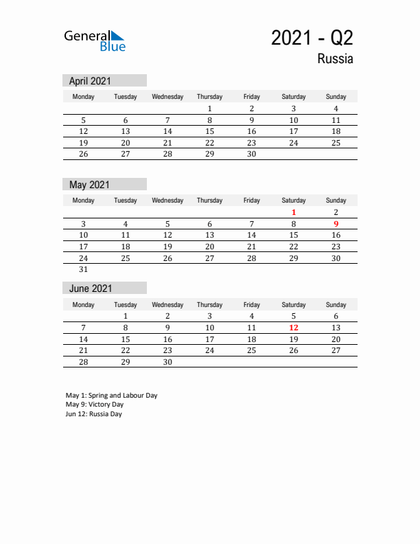 Russia Quarter 2 2021 Calendar with Holidays