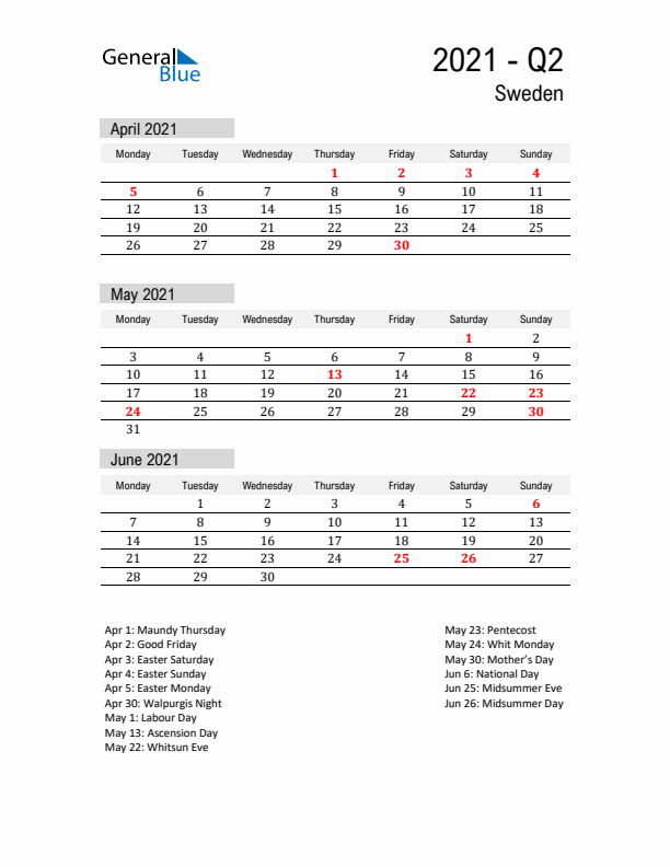 Sweden Quarter 2 2021 Calendar with Holidays