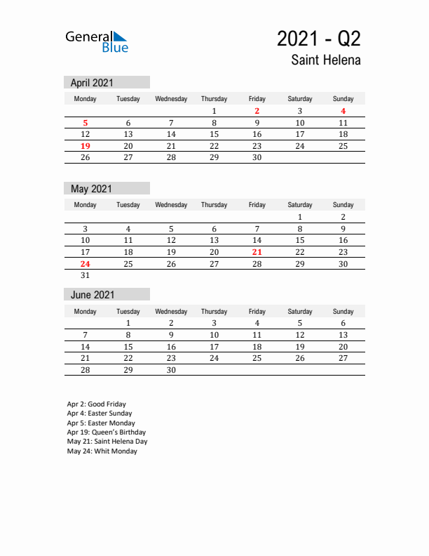 Saint Helena Quarter 2 2021 Calendar with Holidays