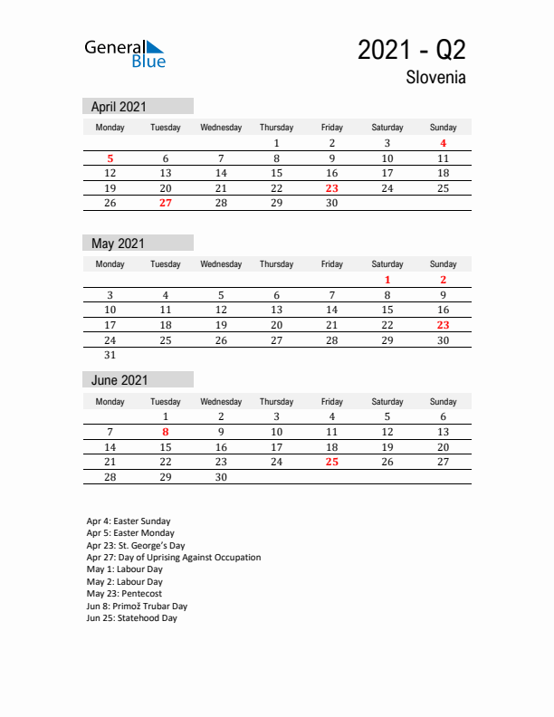 Slovenia Quarter 2 2021 Calendar with Holidays