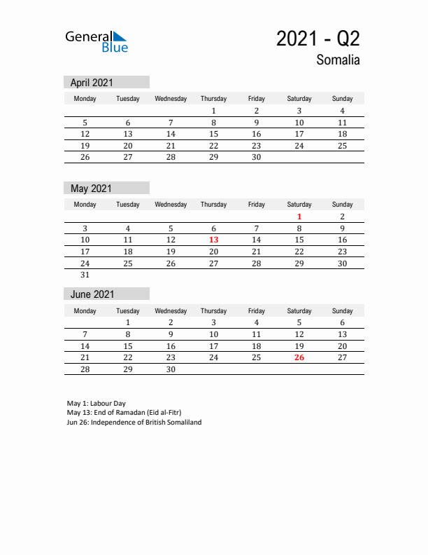 Somalia Quarter 2 2021 Calendar with Holidays