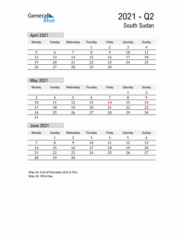 South Sudan Quarter 2 2021 Calendar with Holidays