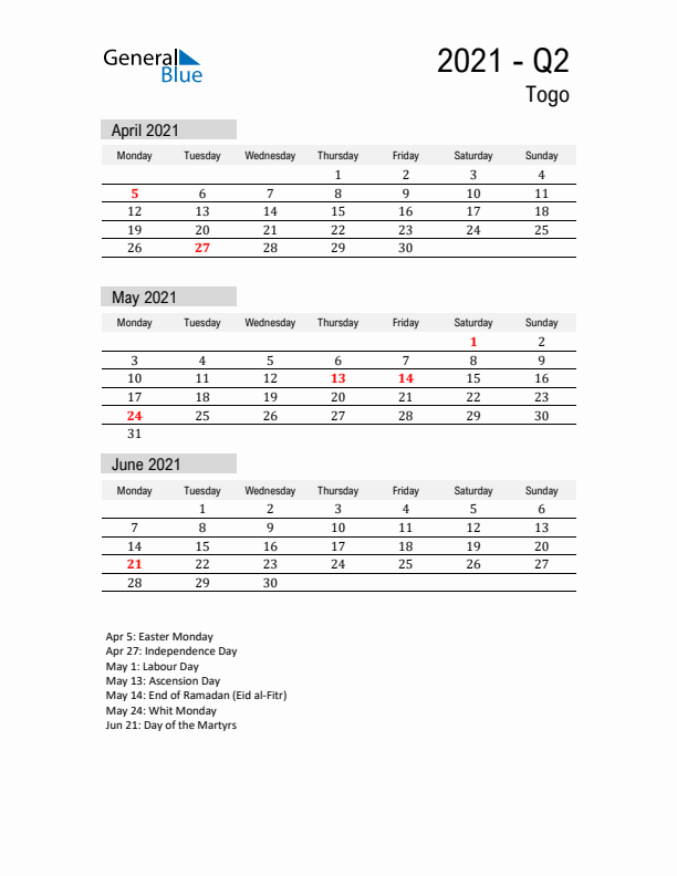 Togo Quarter 2 2021 Calendar with Holidays