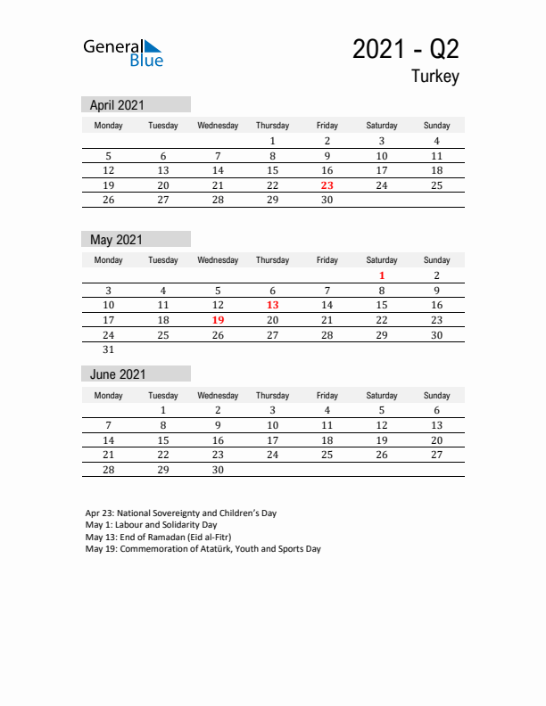 Turkey Quarter 2 2021 Calendar with Holidays