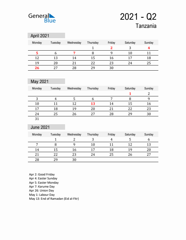 Tanzania Quarter 2 2021 Calendar with Holidays