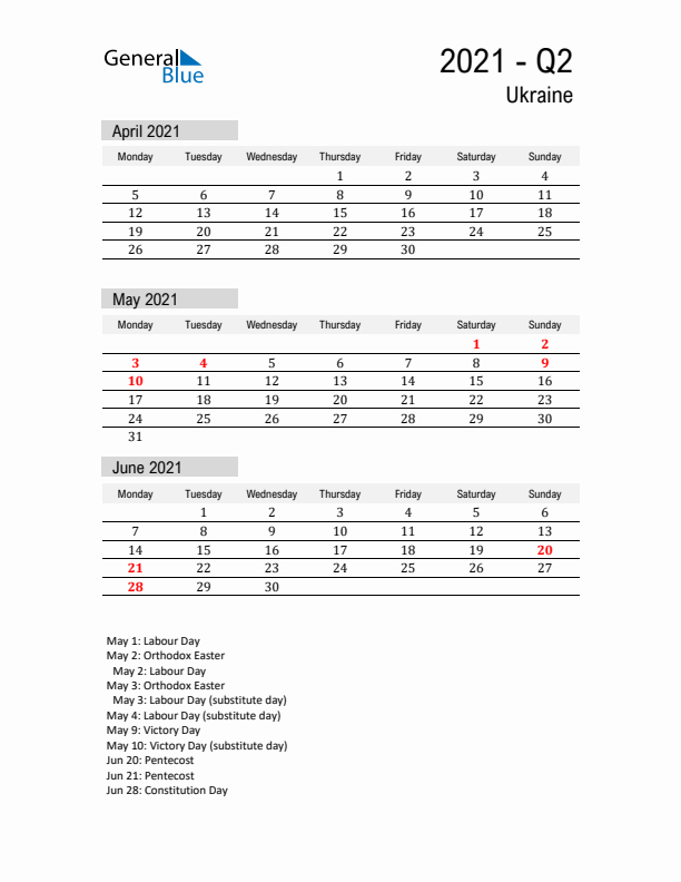 Ukraine Quarter 2 2021 Calendar with Holidays