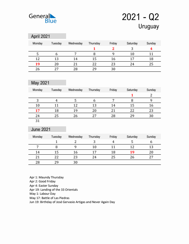 Uruguay Quarter 2 2021 Calendar with Holidays