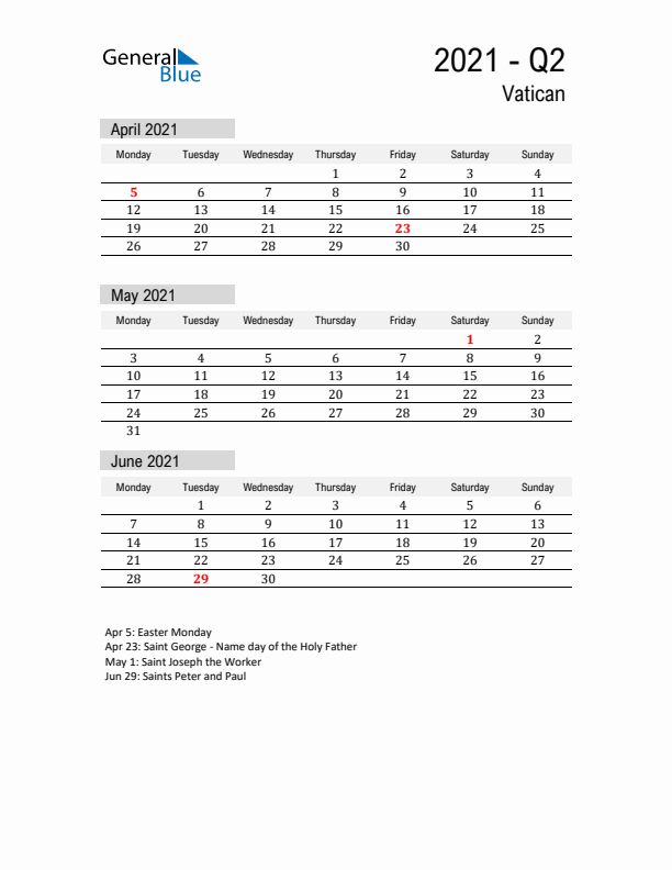 Vatican Quarter 2 2021 Calendar with Holidays