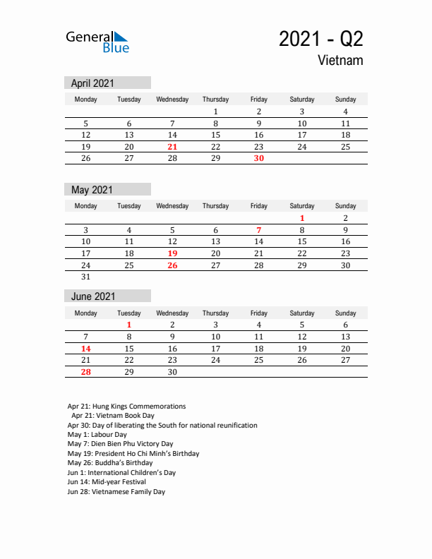 Vietnam Quarter 2 2021 Calendar with Holidays