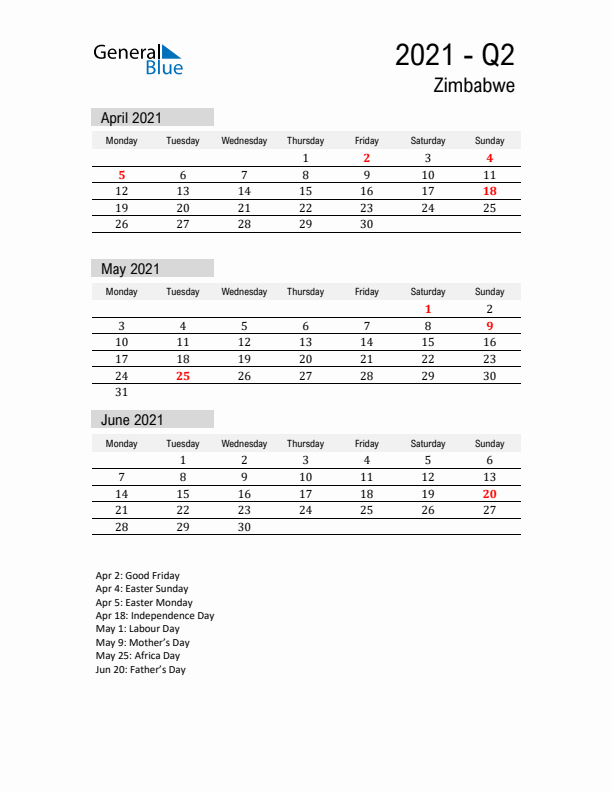 Zimbabwe Quarter 2 2021 Calendar with Holidays