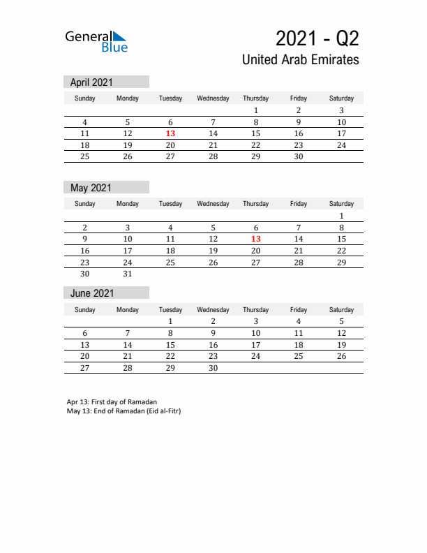 United Arab Emirates Quarter 2 2021 Calendar with Holidays