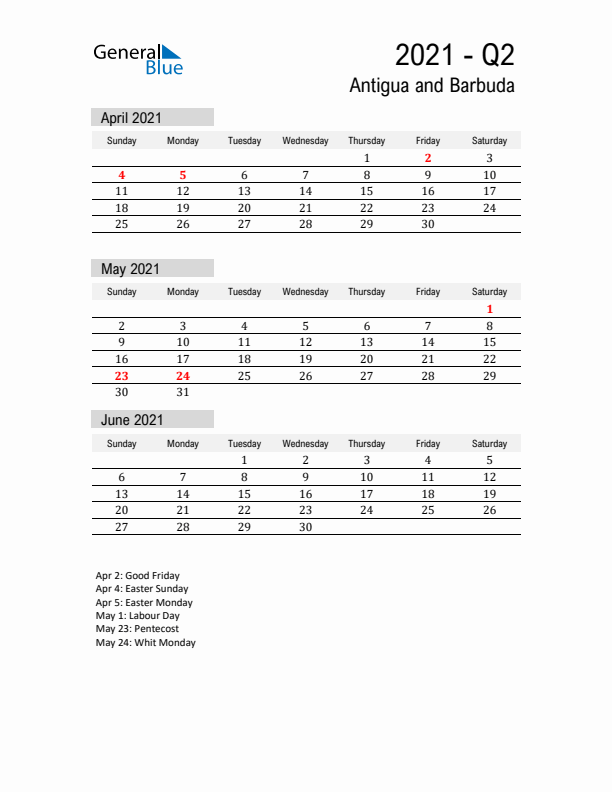 Antigua and Barbuda Quarter 2 2021 Calendar with Holidays