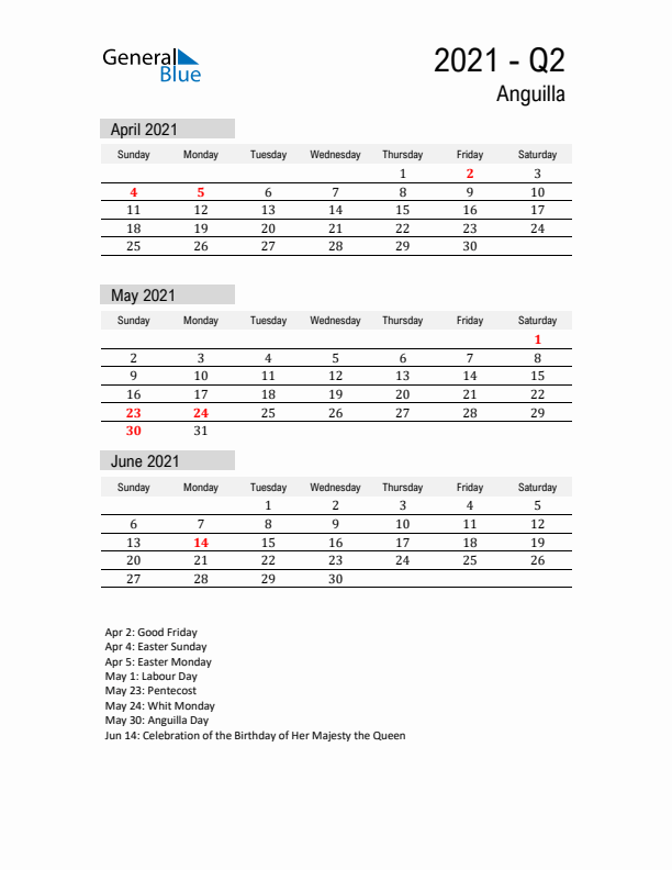 Anguilla Quarter 2 2021 Calendar with Holidays