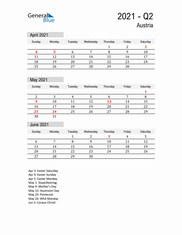 Austria Quarter 2 2021 Calendar with Holidays