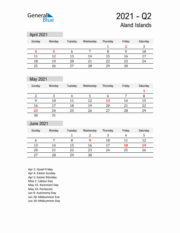 Aland Islands Quarter 2 2021 Calendar with Holidays