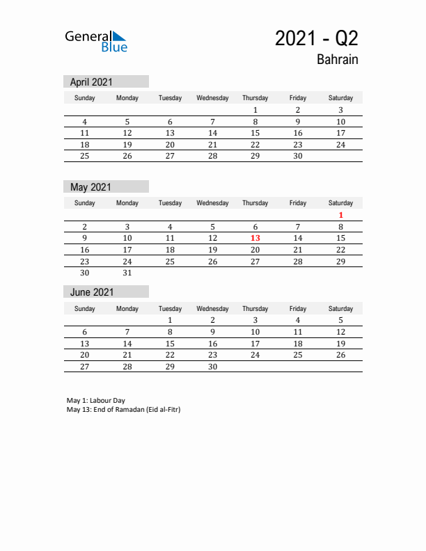 Bahrain Quarter 2 2021 Calendar with Holidays