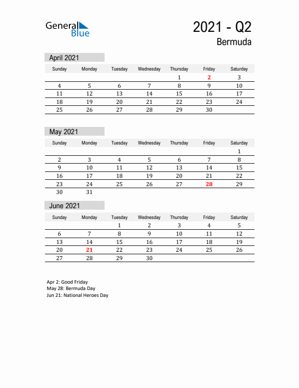 Bermuda Quarter 2 2021 Calendar with Holidays