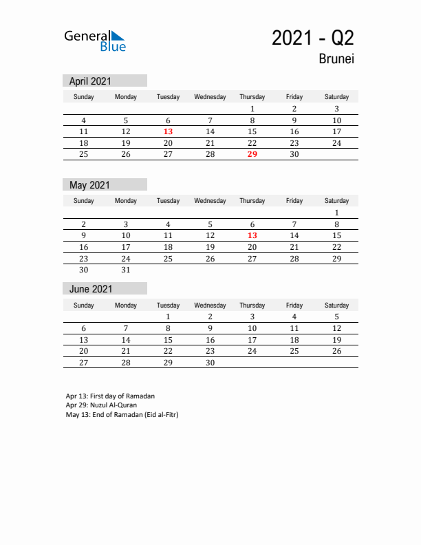 Brunei Quarter 2 2021 Calendar with Holidays